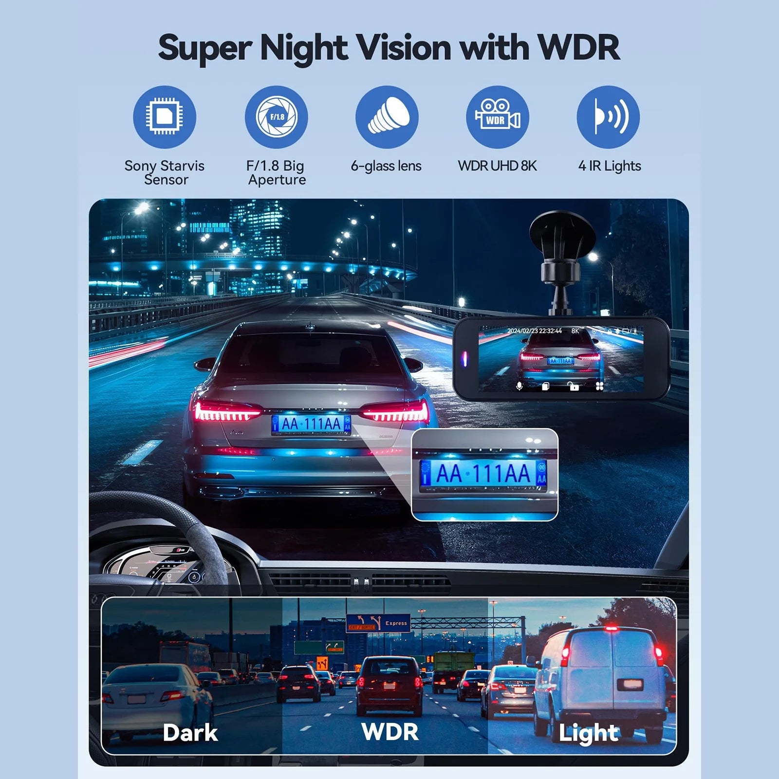 Dash Cam, 8K HD Camera for Car with Front and Rear Recording, Built-In Wi-Fi & GPS, Night Vision, 3.16" Screen