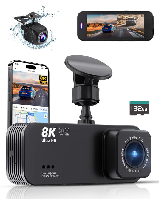 Dash Cam, 8K HD Camera for Car with Front and Rear Recording, Built-In Wi-Fi & GPS, Night Vision, 3.16" Screen