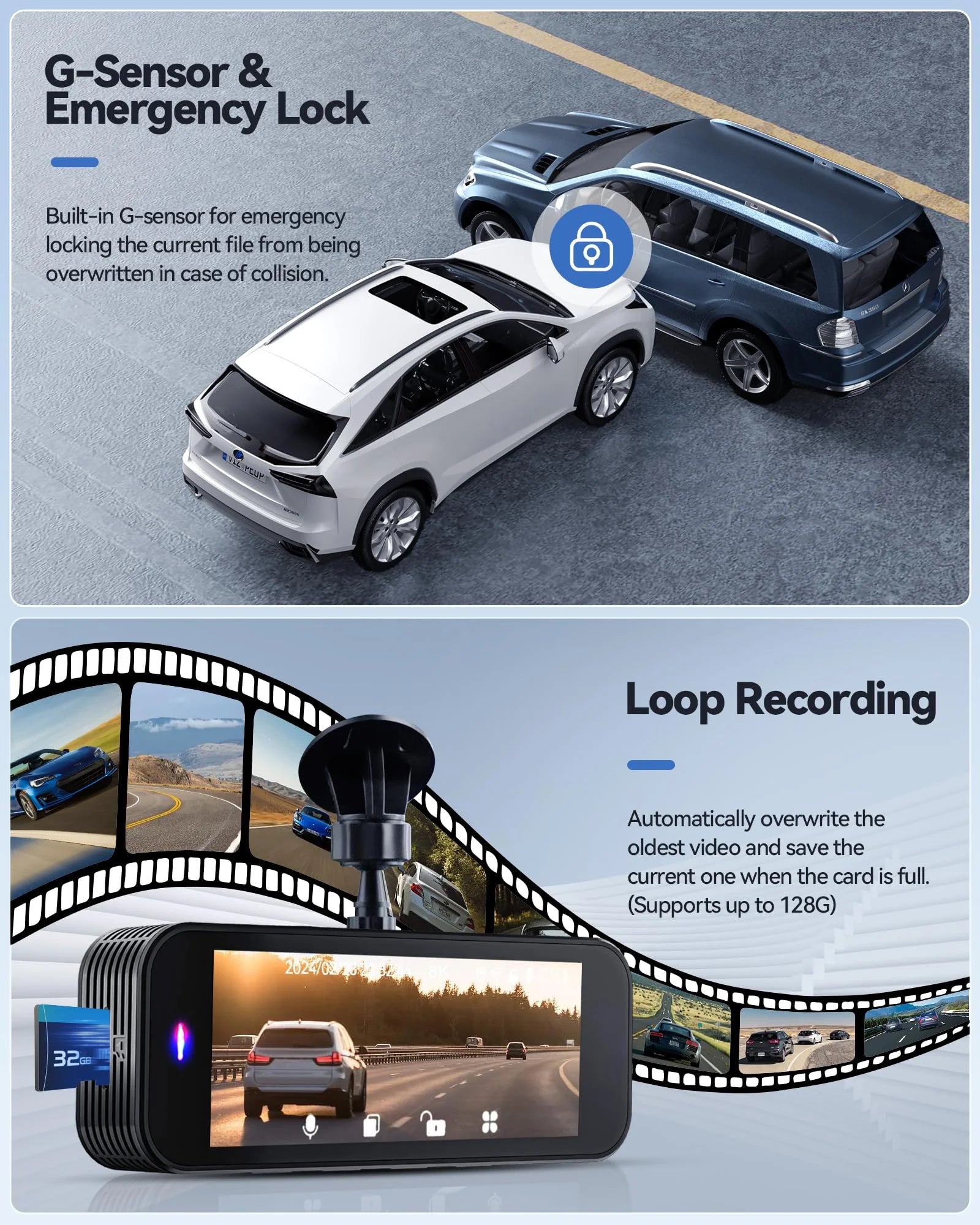 Dash Cam, 8K HD Camera for Car with Front and Rear Recording, Built-In Wi-Fi & GPS, Night Vision, 3.16" Screen