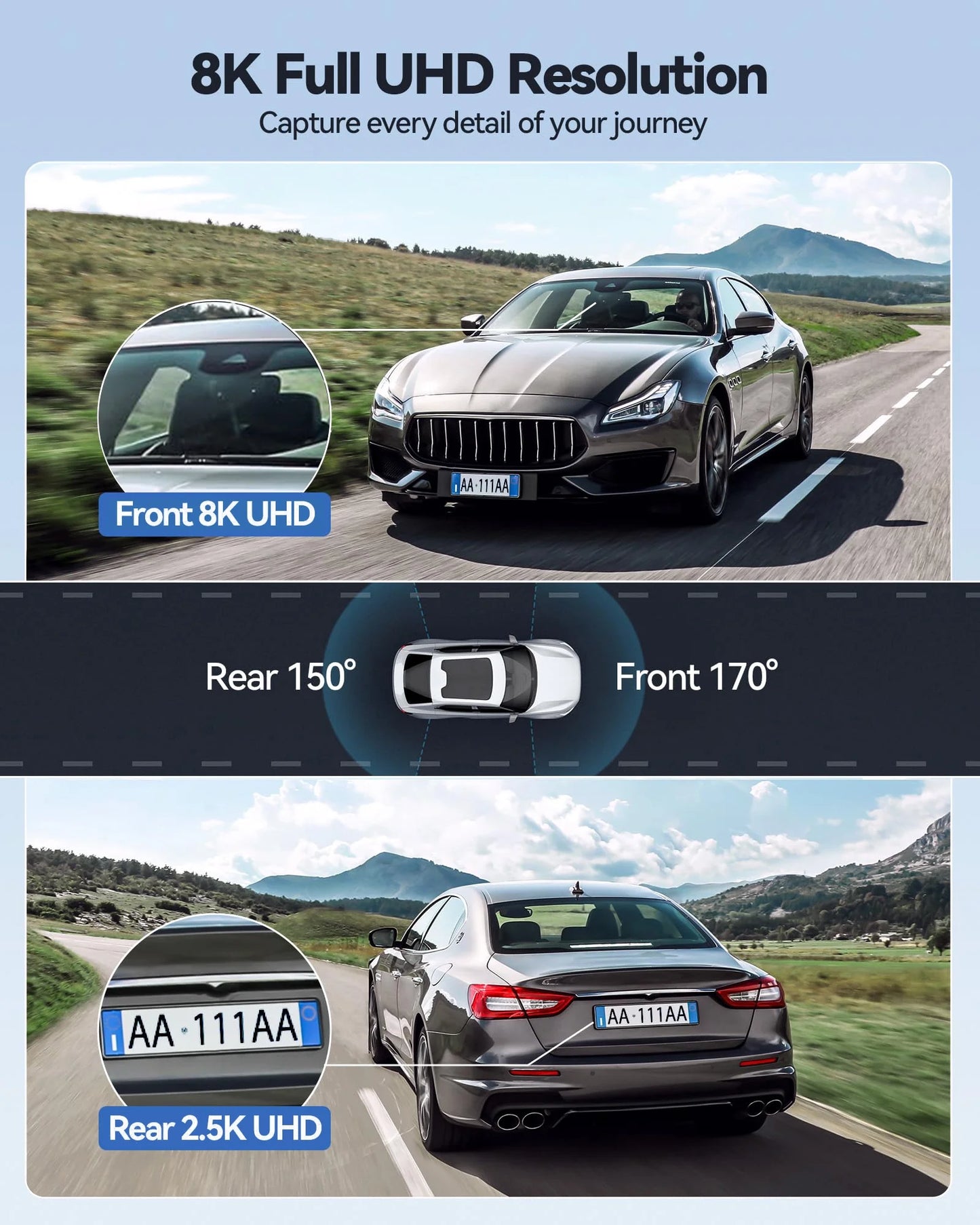 Dash Cam, 8K HD Camera for Car with Front and Rear Recording, Built-In Wi-Fi & GPS, Night Vision, 3.16" Screen